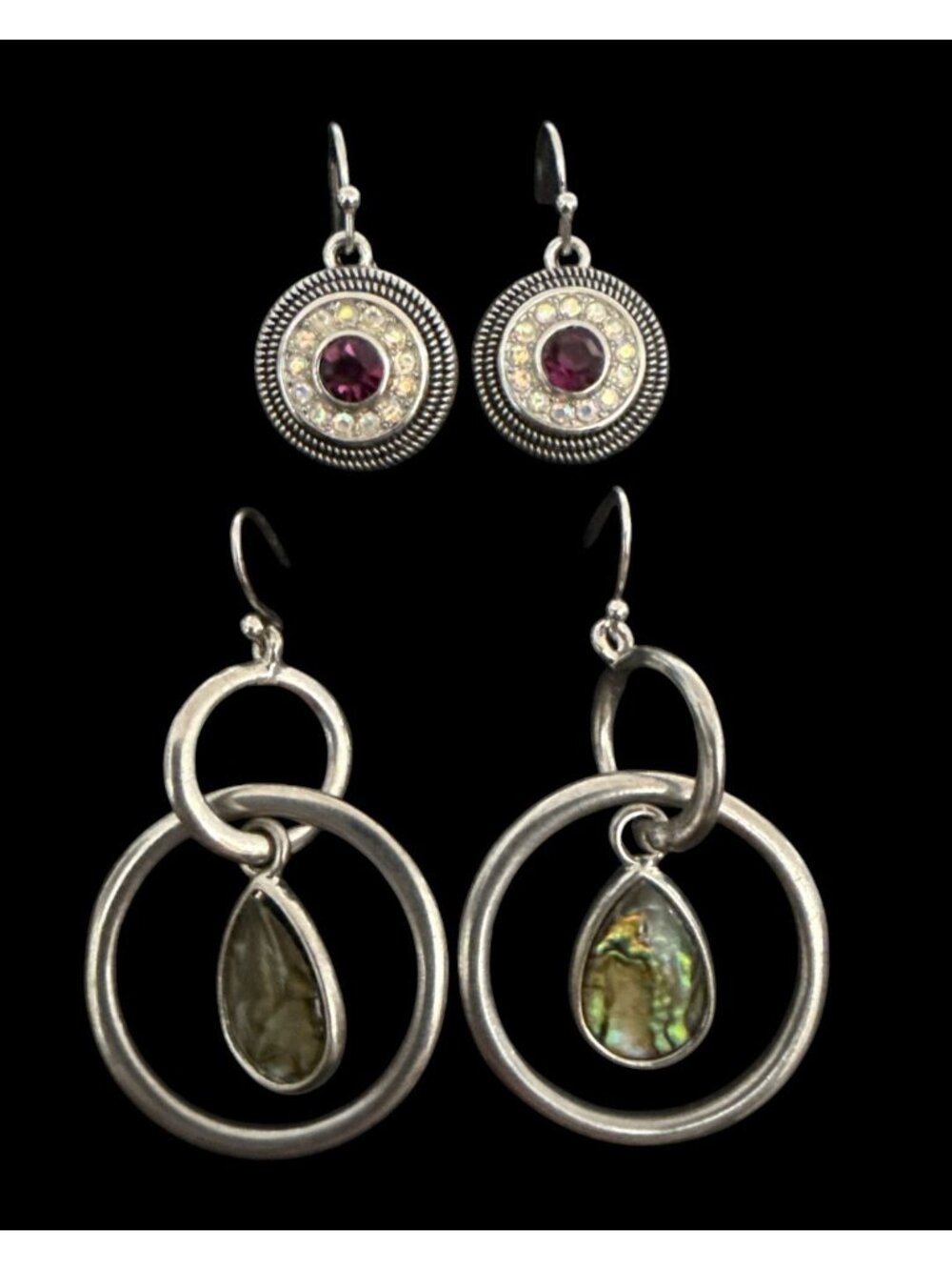 Two Pairs Lia Sophia Silver-Tone Earrings  Abalone Dangle Hoops Red Crystal